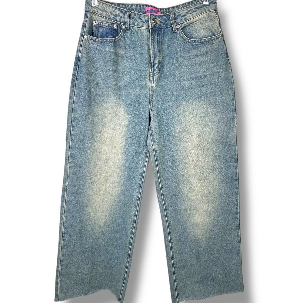 Edikted Faded High Waist Baggy Frayed Hem Low-Slung Wide Leg Denim Jeans Medium